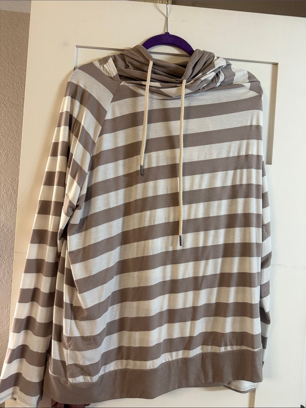 Striped Hooded Pullover in Taupe and Cream